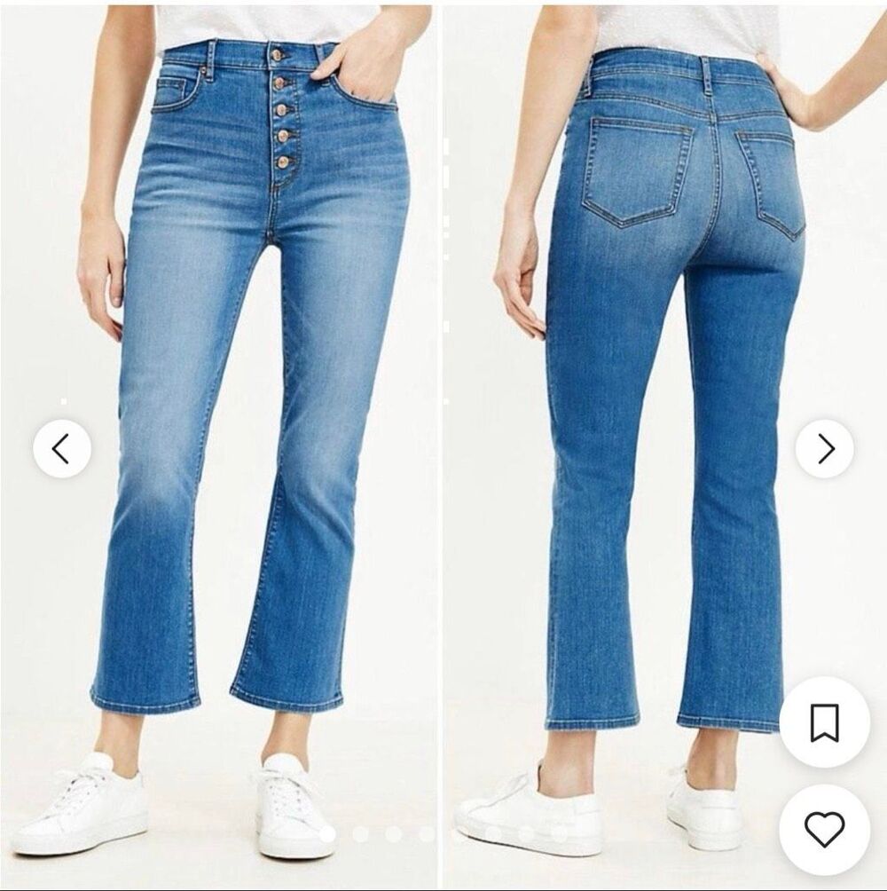 Loft Bright Mid Indigo Wash Flare High Rise Kick Crop Button Fly Jeans Size 28/6